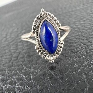 925 Sterling Lapis Lazuli Marquise Cabochon Ring 6.5 Vintage Boho Southwestern